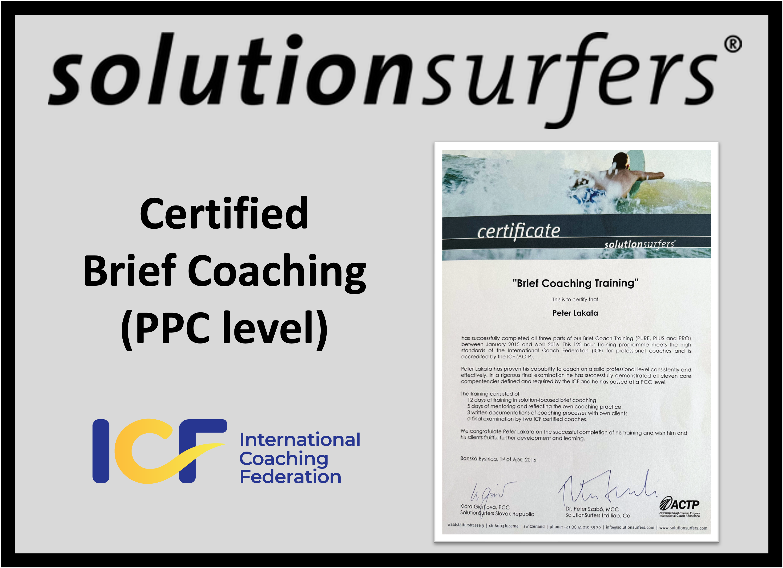 Solutionsurfers certificate for Peter Lakata