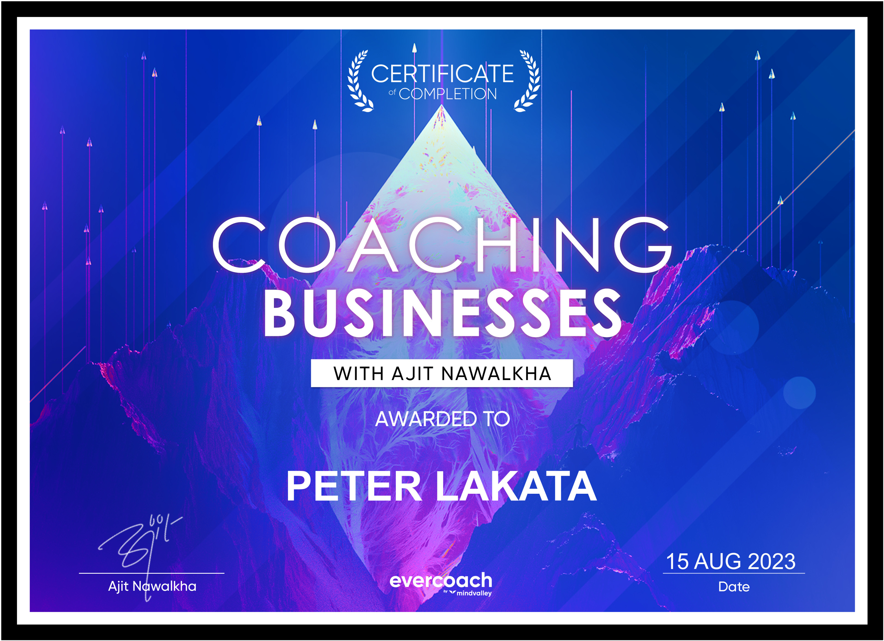 Business coaching certificate for Peter Lakata