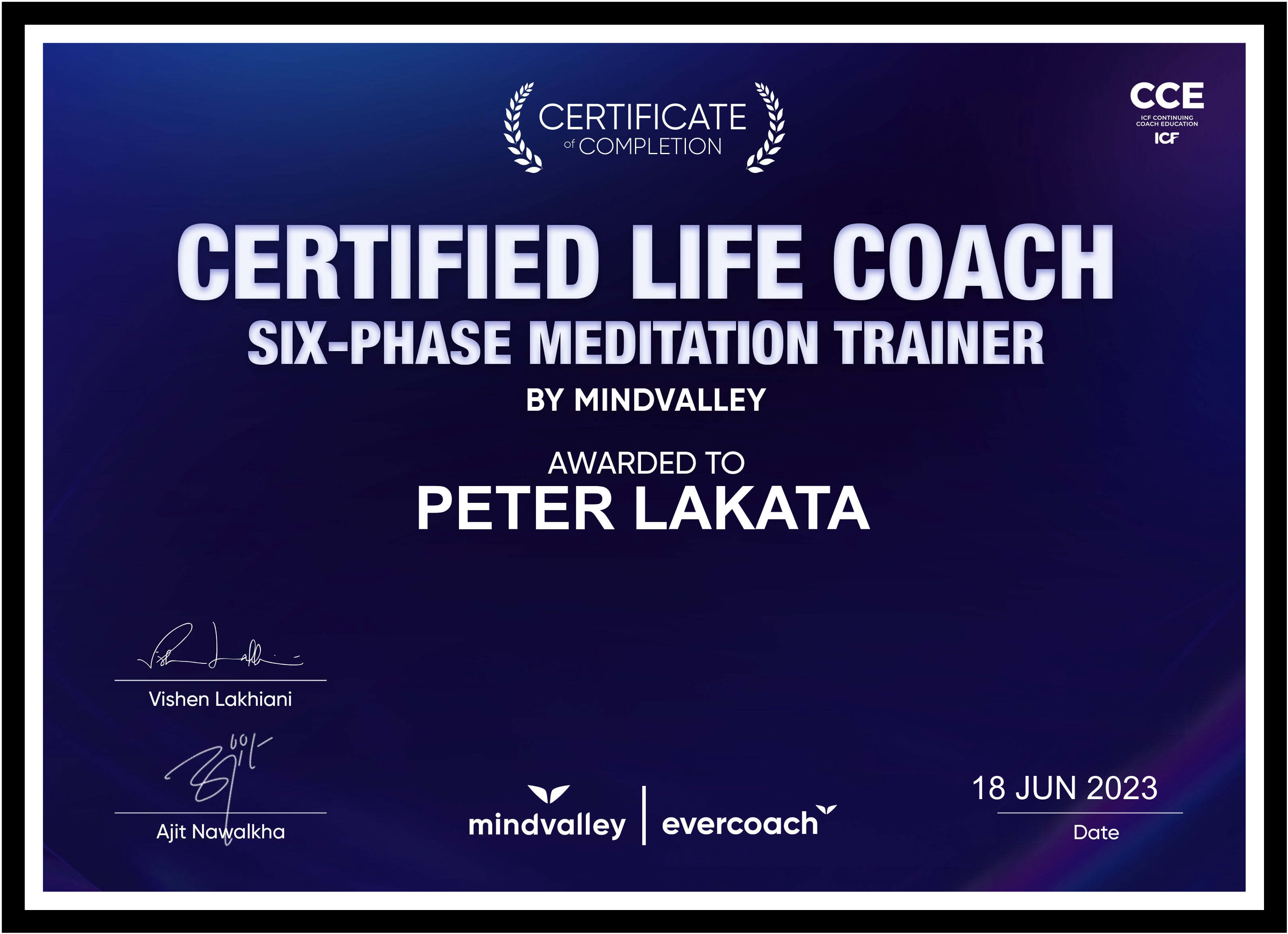 Life coaching certificate for Peter Lkaata