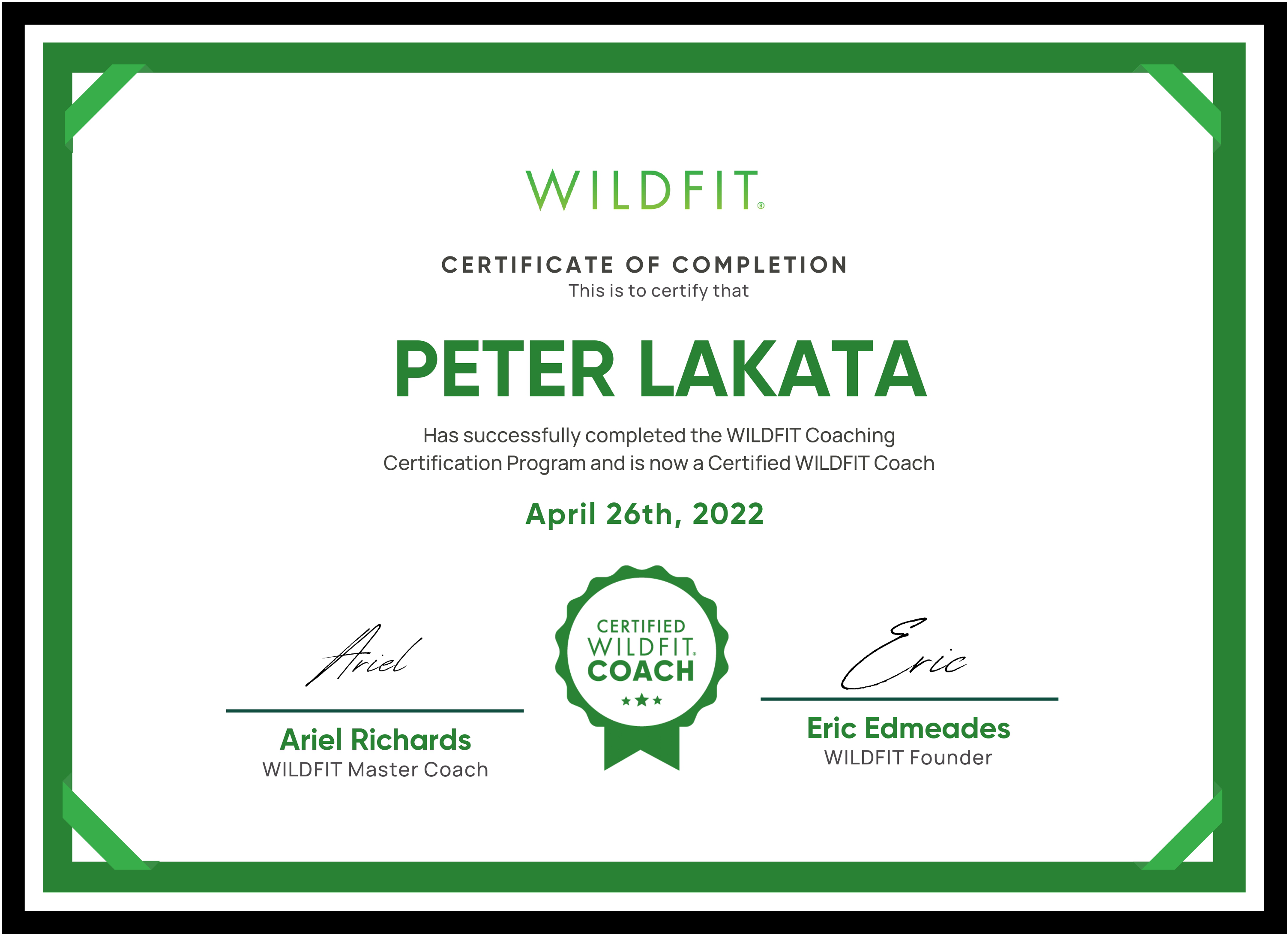 WILDFIT certificate for Peter Lakata
