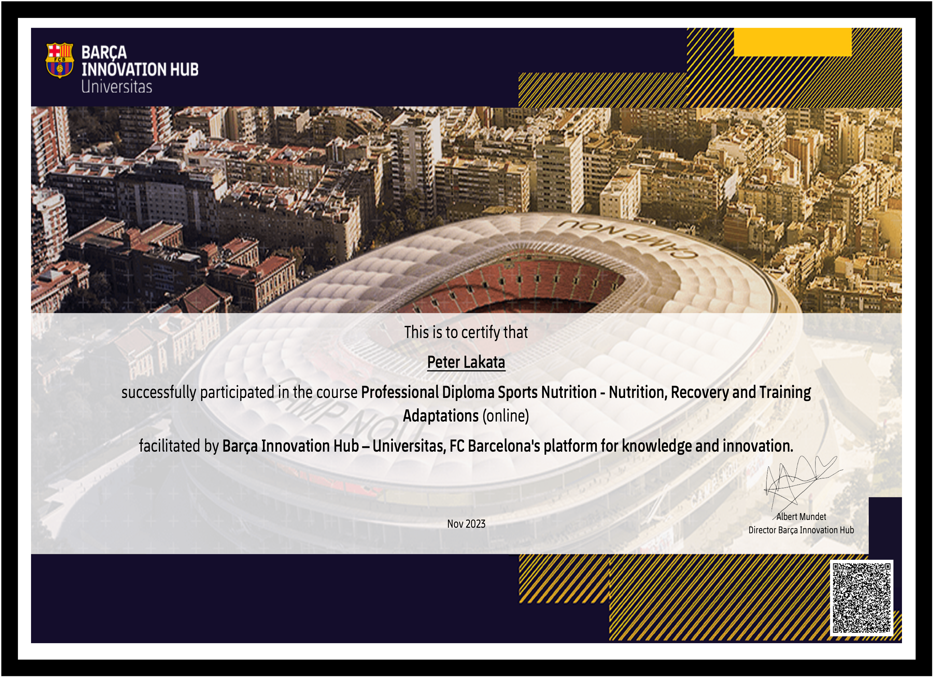 Barcelona Innovation Hub certificate for Peter Lakata