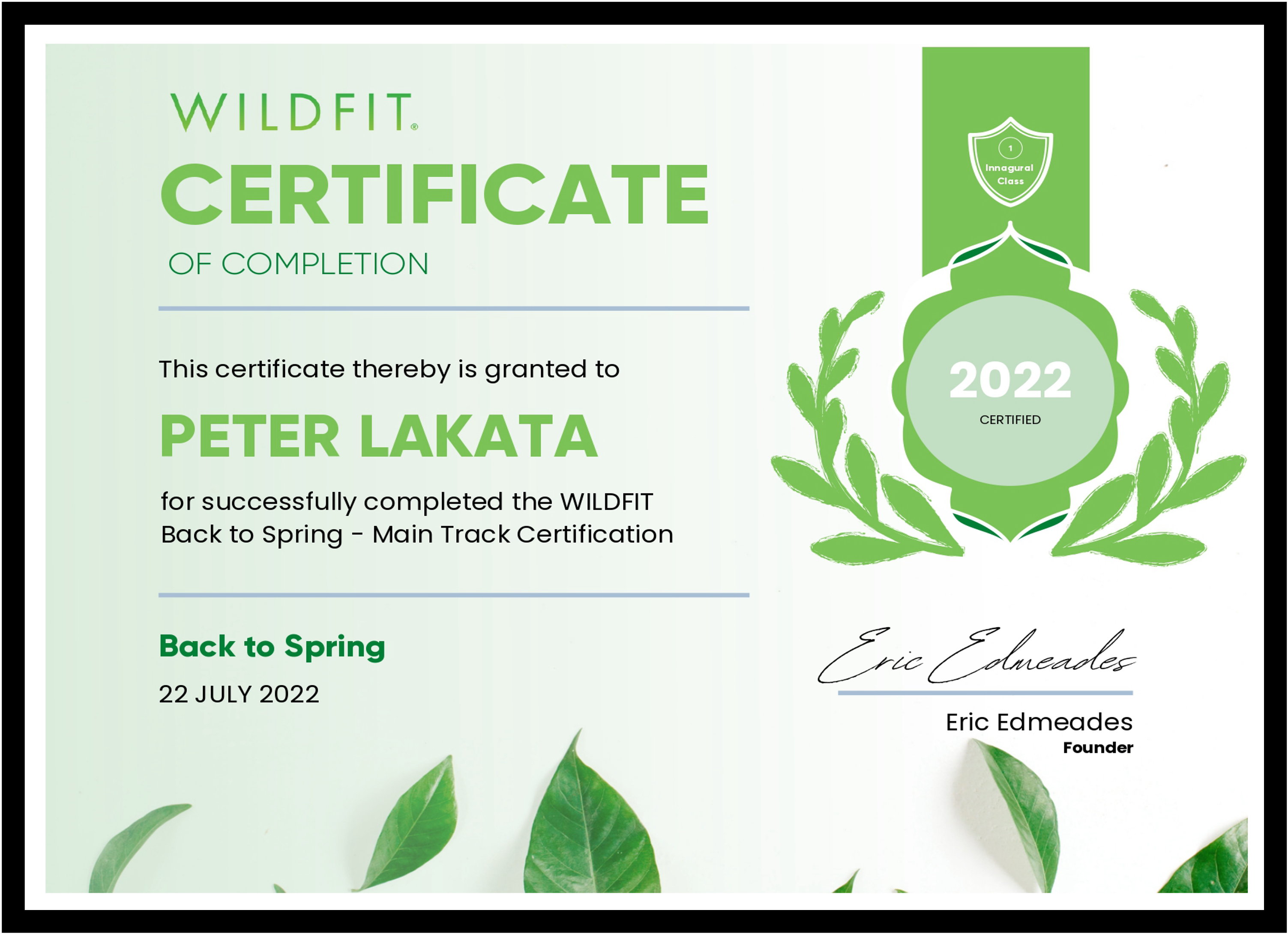 WILDFIT Back to spring certificate for Peter Lakata
